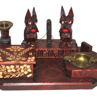 Antique Black Forest Germany Wood Pipe Box Clock Scotties Terrier Brass Ashtray