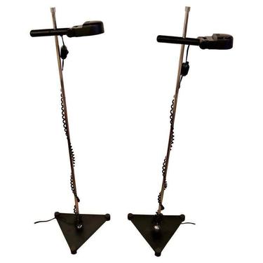 Mid Century Modern Black & Metal Pair Architectural Floor Lamps Italian Style 