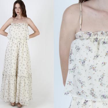 Ivory Calico Floral Long Dress / 70s Picnic Style Country Dress / Vintage 70s Thin Spaghetti Straps / Tiny Flower Print Tiered Maxi Dress 