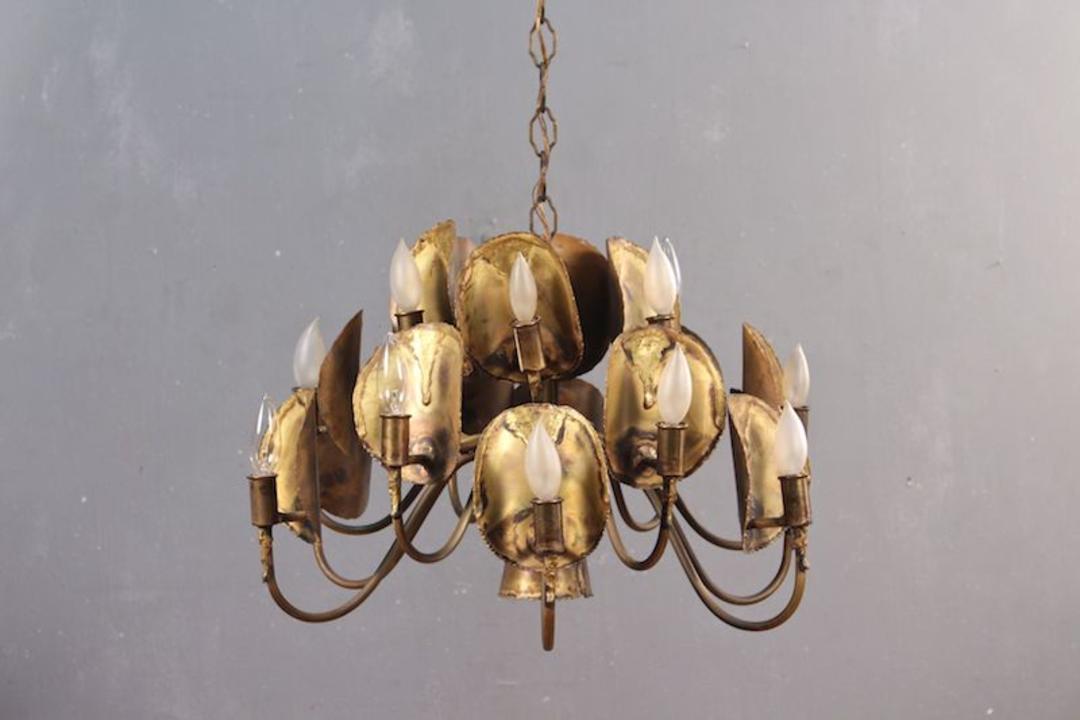 T.A. Greene Brutalist Mid Century Brass Chandelier, Furnish Green