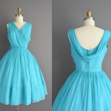 50s dress | Gorgeous turquoise blue chiffon cocktail party dress | Small | 1950s vintage dress 