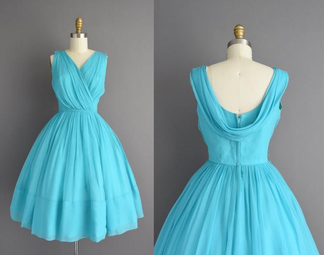 50s dress Gorgeous turquoise blue chiffon cocktail party dress