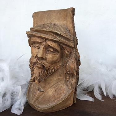 Vintage Hand Carved Wood Jesus Christ Bust, Tree Stump Religious Wood Carving, Christian Bust 