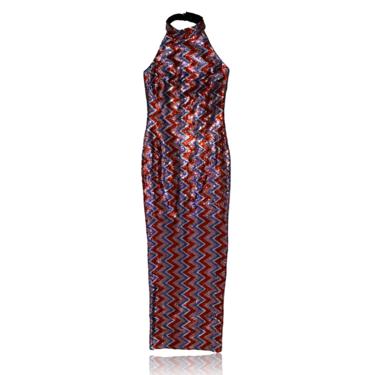High Neck Halter Sequin Chevron Maxi Dress // Evening Gown Cocktail Dress // Purple & Red Size Small 