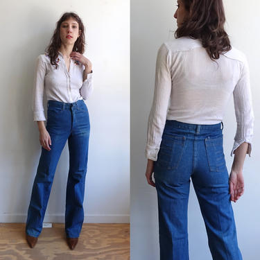 vintage 70s Straight Leg Patchwork Pocket Jeans/ 1970s High Waisted Novelty Denim/ Rappers/ Size XS 