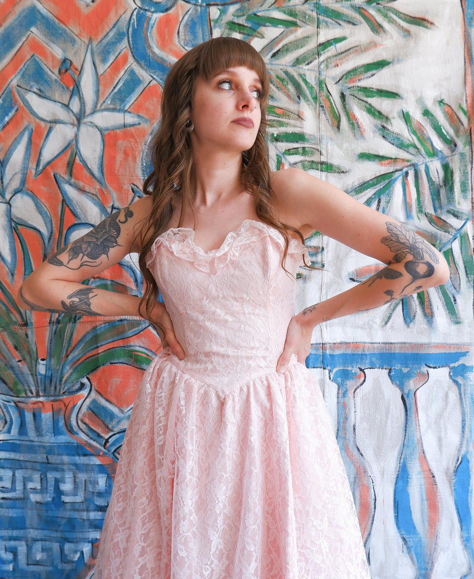 Vintage 80s Pink Lace Gunne Sax Strapless Dress/ 1980s Pastel