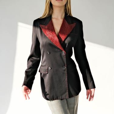 Vintage 90s Dolce &amp; Gabbana Black Double Breasted Blazer w/ Scarlet Beaded Peak Lapels | Made in Italy | 1990s 2000s Y2K Designer Jacket 