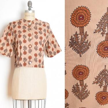 vintage 60s top brown marigold floral print crop jacket top shirt blouse M 
