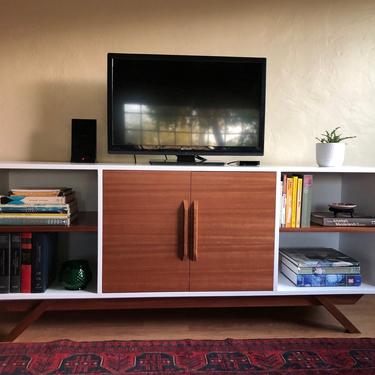 NEW Hand Built Mid Century Style TV Cabinet - Mahogany Double Door w/ 2 shelves and angled leg base 