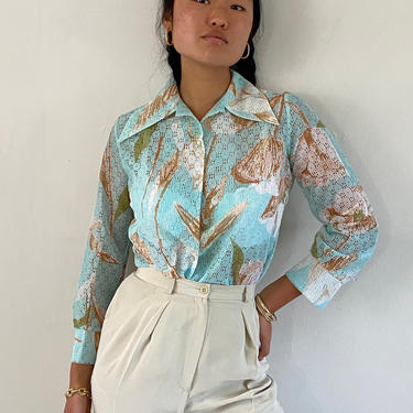70s sheer mesh blouse / vintage sea foam aqua sheer floral botanical polyester eyelet mesh butterfly pointy collar blouse | S 