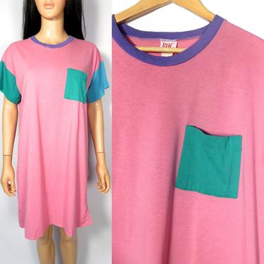 Vintage 80s Color Block Pocket Tshirt Dress Nightgown Size M 