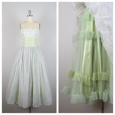 Vintage 1950s party dress, prom, cocktail, wedding, bridesmaid, formal, flocked, floral, crumb catcher, tea length, size xxs, xs 