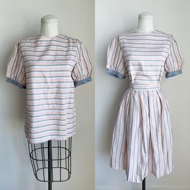Vintage 1970s Silk Candy Striped Dress set / Top & Skirt / XS 