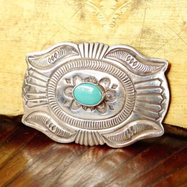 Vintage Signed Navajo Martinez Sterling Silver Turquoise Belt Buckle, Hammered Silver Concho Buckle, Native American Old Pawn, 3 1/2&amp;quot; W 