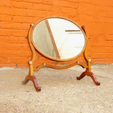 Antique Hepplewhite Style Mahogany Dressing Table Cheval Mirror W/ Accent Ivory Details, Ornate Oval Tilt Mirror, Boudoir Vanity Mirror 