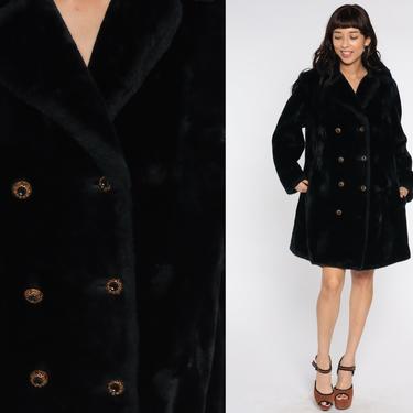 Christian Dior Faux Fur Coat Black PEACOAT 70s Double Breasted Jacket Fake Fur Button Pea Coat 1970s Vegan Winter Vintage Large L 