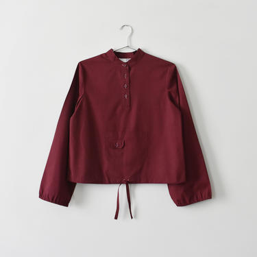 vintage cropped popover shirt, burgundy band collar top, size S / M 