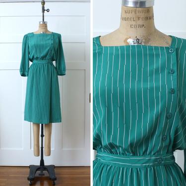 vintage 1980s teal green dress • puff sleeves &amp; tailored waist striped day dress 