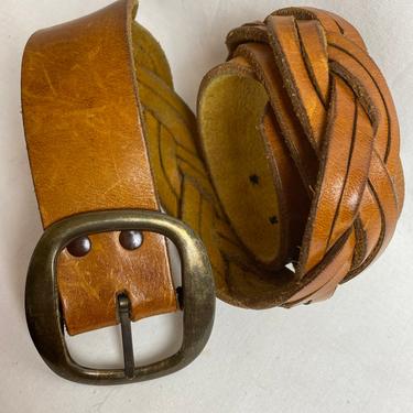 60’s braided leather belt with brass buckle~boho hippie  light brown~ rock n roll hipster~ men’s size medium 33”-37” waist | unisex 