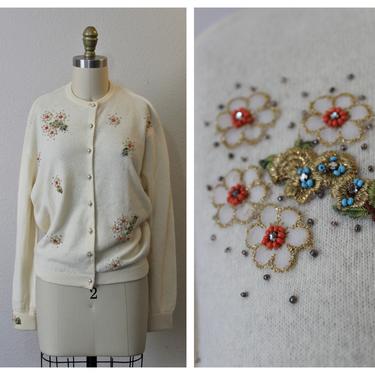 Vintage 1950s 60s Darlene Lambswool mink Beaded Floral Cardigan Sweater pinup girl bombshell minklam Angelon // US  8 10 12 14 
