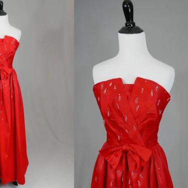 50s Red Strapless Gown - Full Skirt - Rhinestones Beads - Bonwit Teller - XS 33" bust 24" waist 