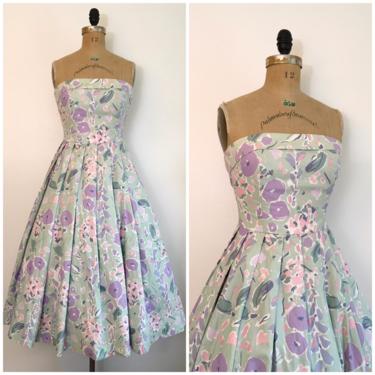 Vintage 1980s Laura Ashley Strapless Floral Garden Party Dress 80s Pastel Rose Print Summer Dress 1950s Style 50s New Look 