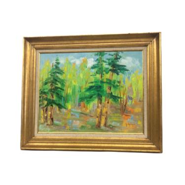 Vintage Mid Century Modern Original Painting Green Forest Blue Sky Multicolor Spot Scenic Trees 