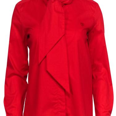 Love Moschino - Red Cotton Button-Up Blouse w/ Tie Neck &amp; Pin Sz 4