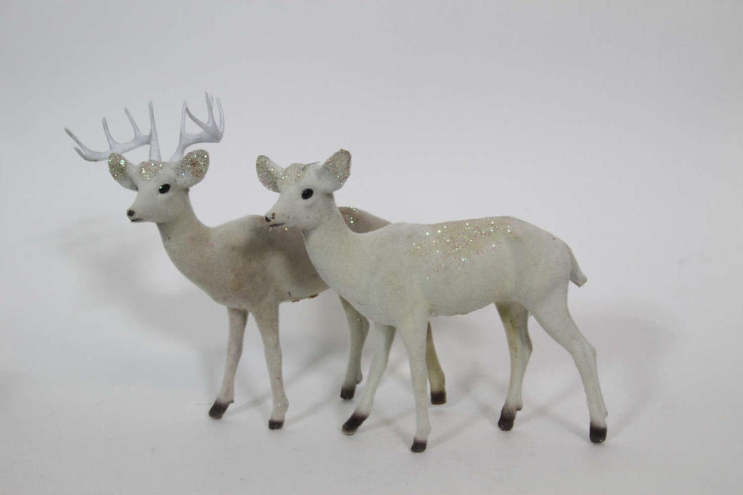 Vintage Christmas Flocked Plastic Deer Figurines, Reindeer Buck and Doe