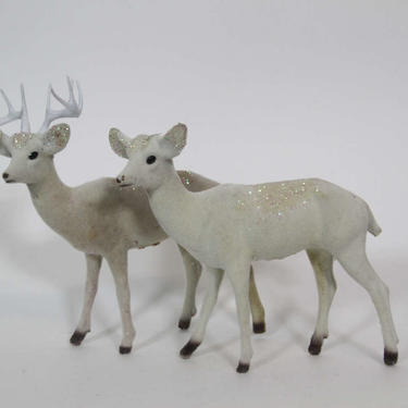 Vintage Christmas Flocked Plastic Deer Figurines, Reindeer Buck and Doe Glitter 