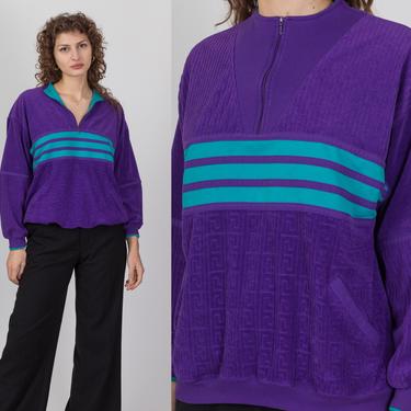 80s Purple Terrycloth Striped Sweatshirt - Extra Large | Vintage Quarter Zip Long Sleeve Pullover Top 