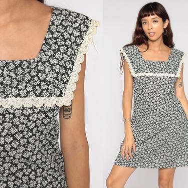 Floral Mini Dress 80s Shift Dress Sundress Black White Dress Lace Trimmed Collar 1980s Bohemian Vintage Sleeveless Dress Minidress Small S 