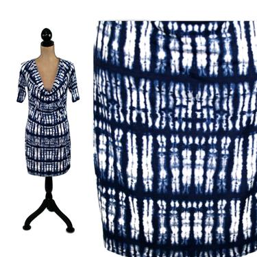 Jersey Knit Dress, Short Sleeve Midi Scoop Neck, Abstract Tie Dye Dark Blue & White, Stretchy Fitted Casual Clothes Women Size Small Medium 