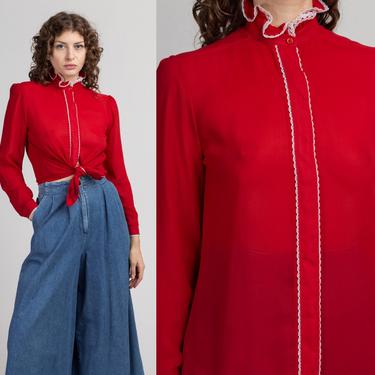 80s Red Ruffle High Collar Blouse - Medium | Vintage Sheer Button Up Long Sleeve Top 