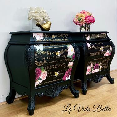 Pair of Hand Painted Bombe Chests, Side Tables, End Tables, Nightstands, Chests, Flowers. 