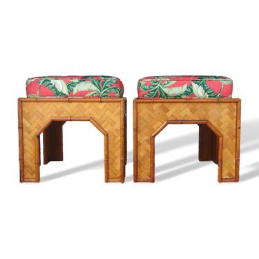 Vintage Moroccan Style Woven Rattan Bamboo Stools Benches Tables, a Pair 