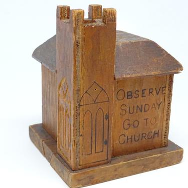 Antique Church House Collection Box, Hand Made of Wood, Vintage Primitive Toy Religious Bank 
