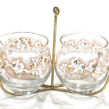 Libbey 1950s Vintage Pink and Gold Floral Glass Creamer and Sugar in Brass Holder Free Shipping! 