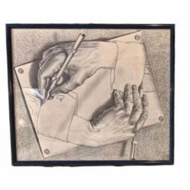 Mid Century Art, “Drawing Hands” is a lithograph by the Dutch artist M. C. Escher, MCM Print, Modern Abstract Art, Vintage Wall Decor 