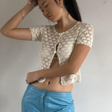 90s crochet cropped sweater top / vintage Esprit creamy white ivory crochet sheer button front croptop sweater cardigan | XS S 