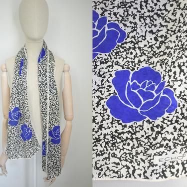 1980s Echo Blue and Black Floral Silk Scarf 