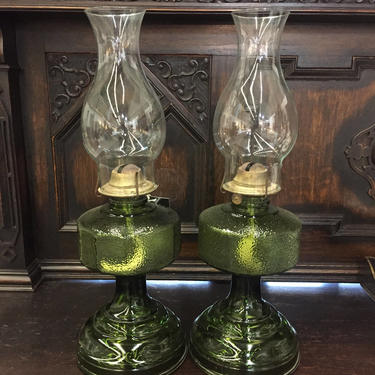 Pair of Green Depression Glass Oil Lamps with Chimney, 18&amp;quot;tall, 6&amp;quot; diameter (base), Local Free Pick up or Shipping Extra 