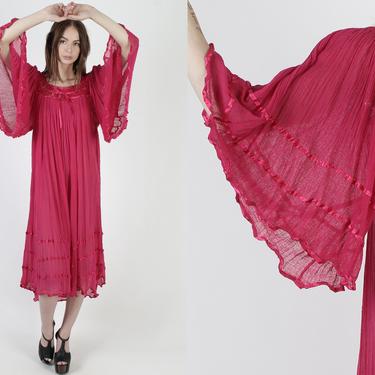 Pink Angel Sleeve Gauze Dress / Thin Big Slv Cotton Dress / Crochet Ribbon Trim Dress / Vintage 80s Kimono Festival Grecian Maxi Dress 