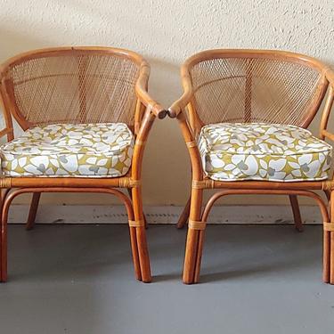 Vintage Rattan Peacock Style Low Fan Back Arm Chairs - Set of 2 