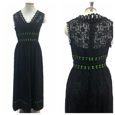 Vintage VTG 1970s 70s Futura Couture Black Lace Middle Split Maxi Dress 