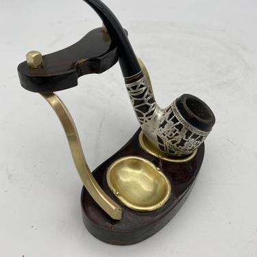 Brass and Bloodwood Pipe Holder by Dunhill w/ Silver Medico Pipe5.5&quot; 