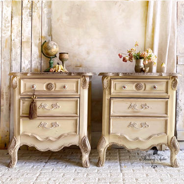 White and Gold Vintage Nightstands Pair - ShabbyChic Decor