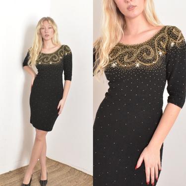 Vintage 1950s Dress / 50s Gene Shelley Beaded Knit Wiggle Dress / Black Gold ( small S ) 