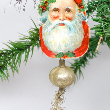 Antique Early 1900's Santa Mercury Glass Christmas Tree Ornament, Vintage Santa Claus Face Scrap with Tinsel 