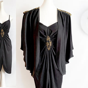 Ultimate Disco Dress &amp; Cocoon Jacket Top \ Vintage 70s 80s Club Clubbing | Sexy Strappy Black Stretch Knit + Metallic Gold Lace Accents | 